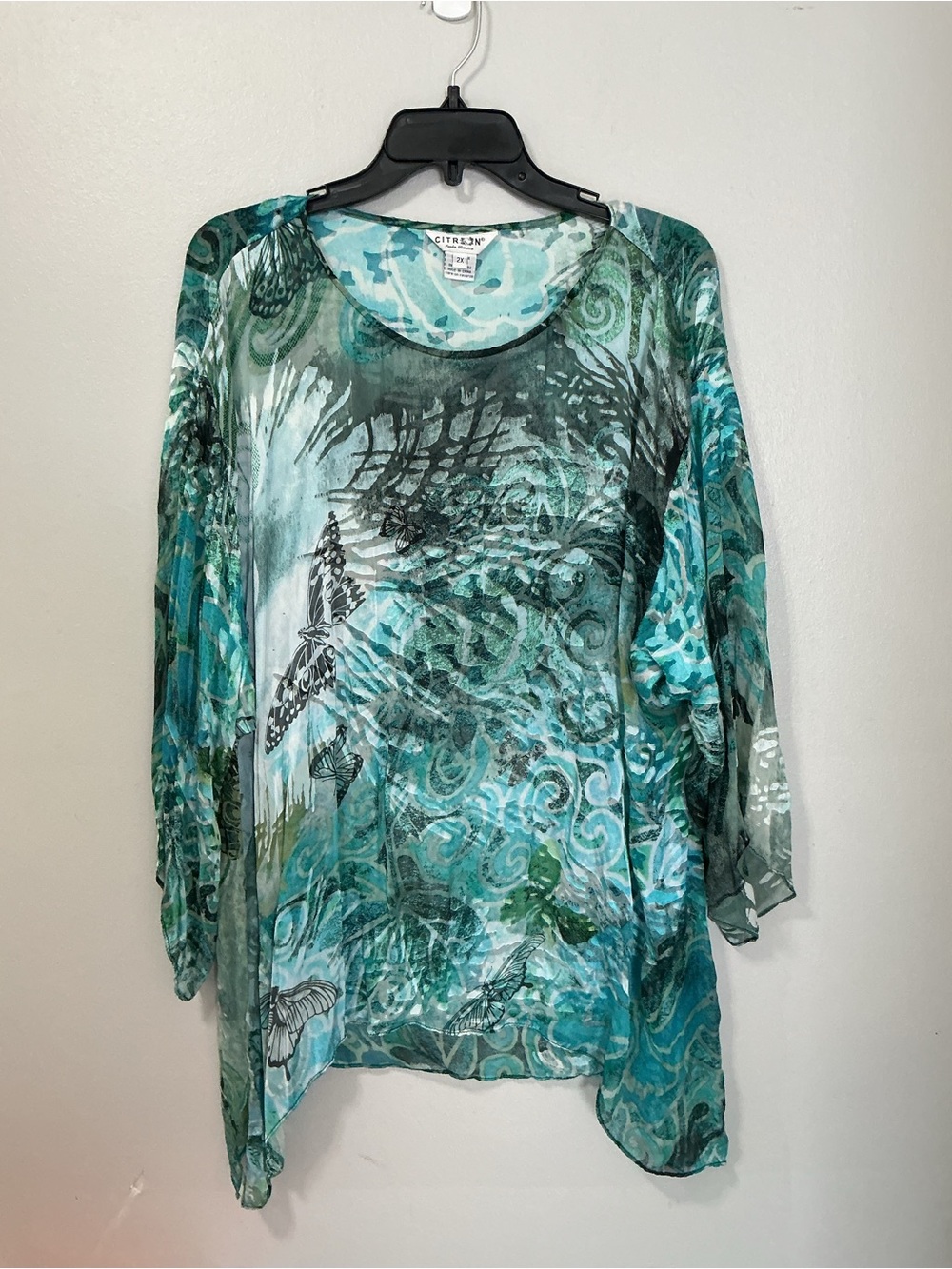 Citron Santa Monica Burnout Green Sheer Blouse Size XS Butterfly